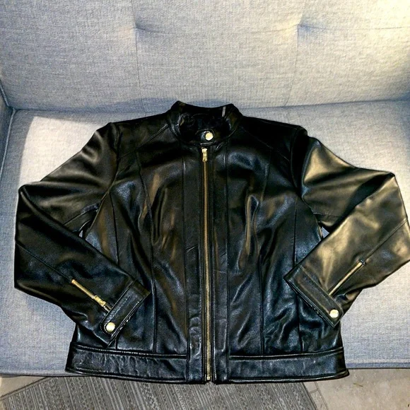 Cole Hann • Lamb Racer Jacket 🧥 Black With Gold Hardwear • Sz L